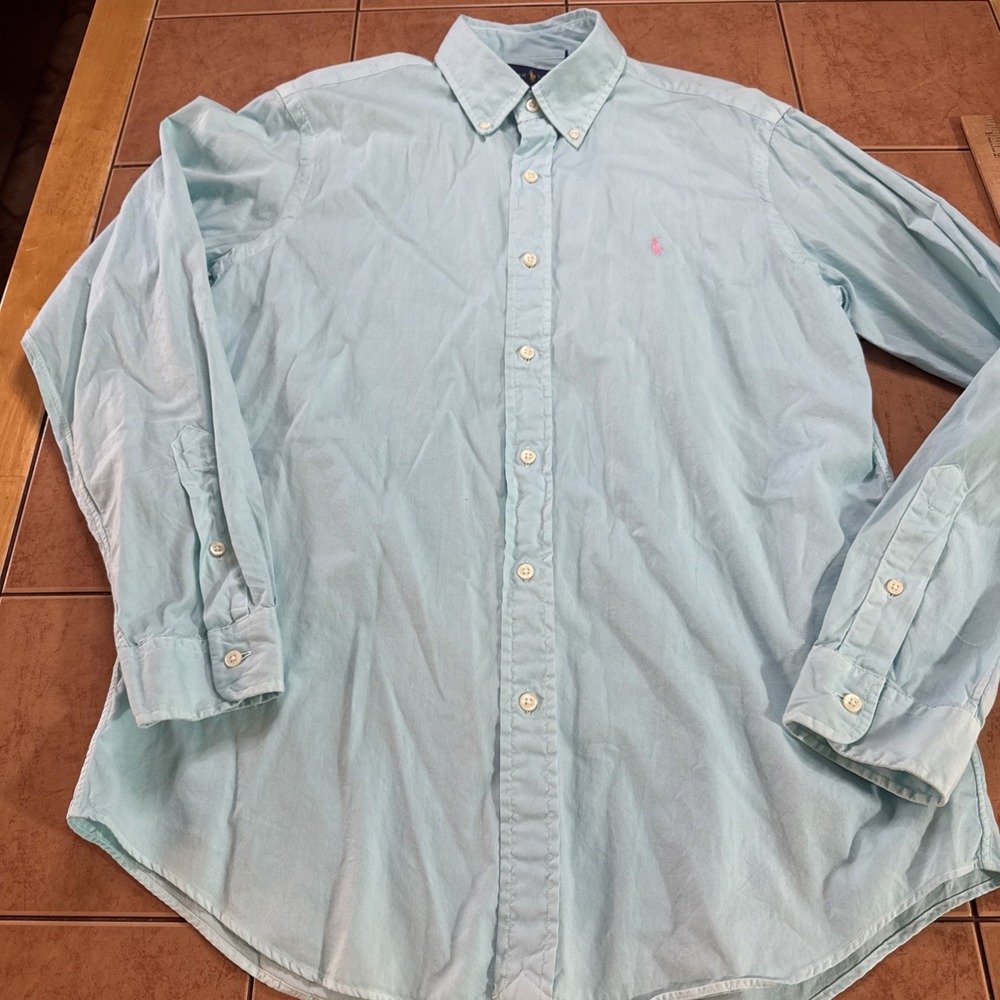 Ralph Lauren Shirt Men Sz Medium Blue Long Sleeve Pink Pony Feather Weight Twill